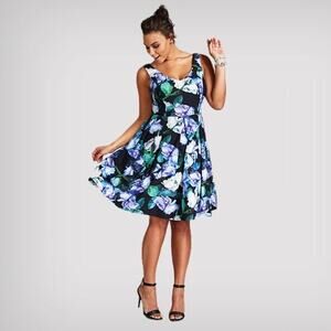 City Chic Black&Purple Floral Sateen Fit&Flare Midi Dress Sz.L/20W